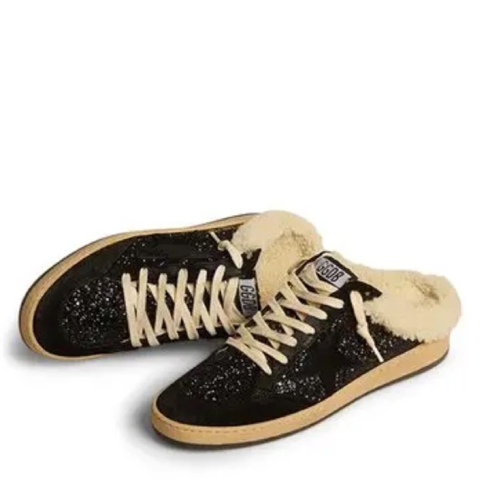Golden Goose Ball Star Sabot mules size 39 black glitter with shearling lining - Picture 2 of 14